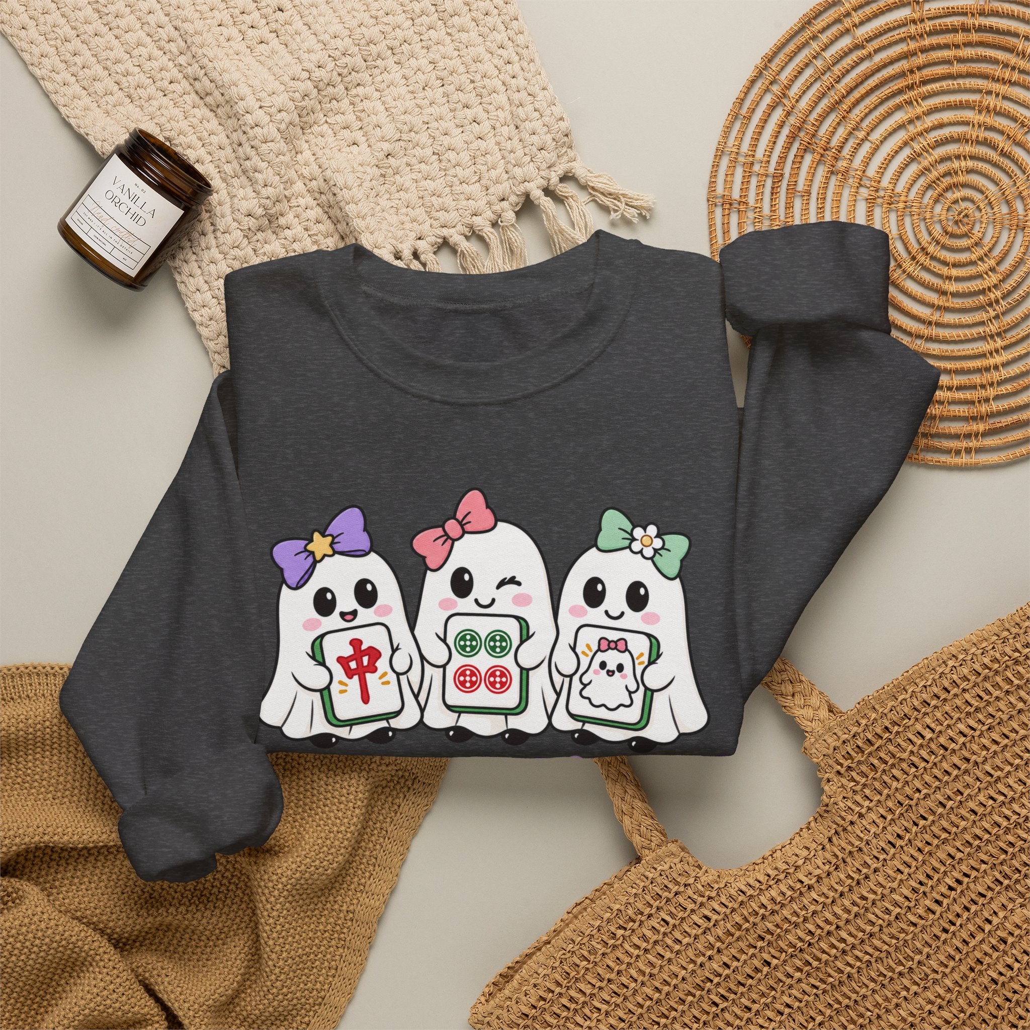 Craks, Dots & Boos Halloween Mahjong Sweatshirt | Cute Ghost Mahjong Crewneck | Game Night Shirt