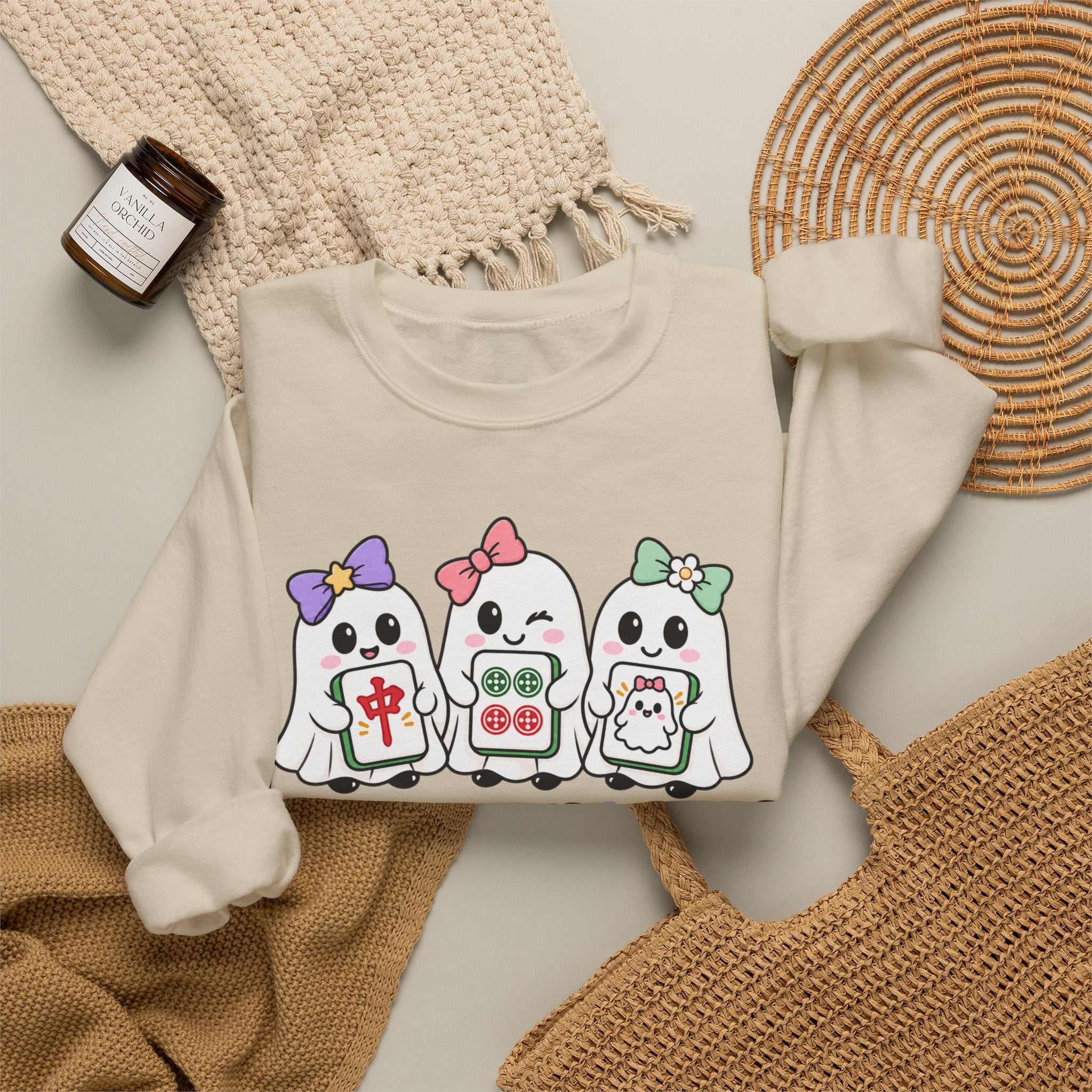 Craks, Dots & Boos Halloween Mahjong Sweatshirt | Cute Ghost Mahjong Crewneck | Game Night Shirt
