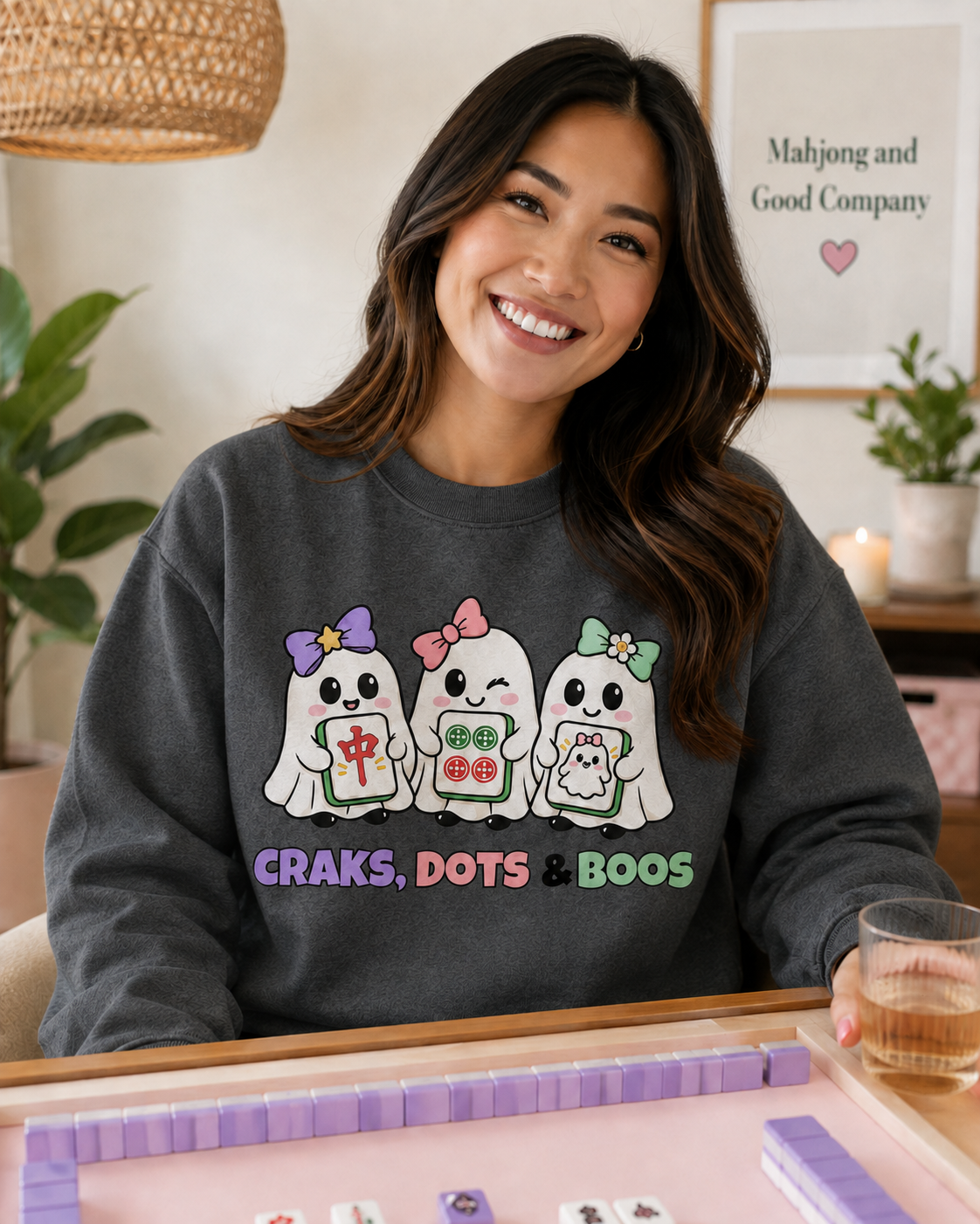 Craks, Dots & Boos Halloween Mahjong Sweatshirt | Cute Ghost Mahjong Crewneck | Game Night Shirt
