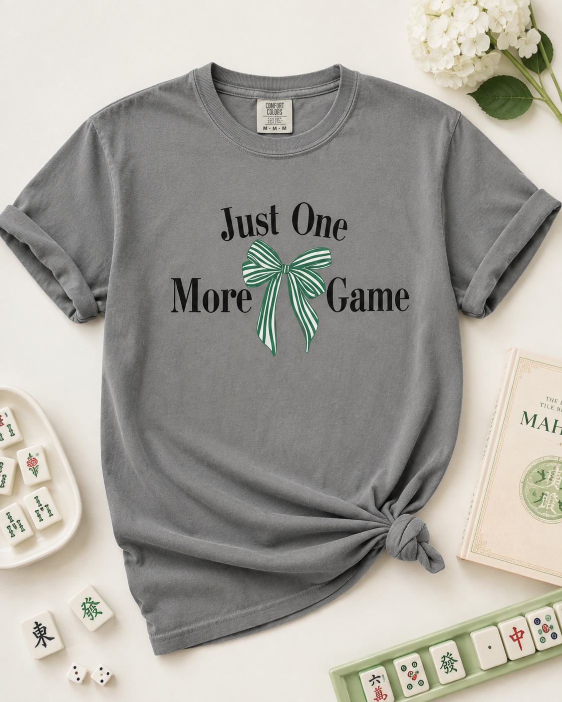 Just One More Game Mahjong Tee – Comfort Colors Bow Graphic Shirt