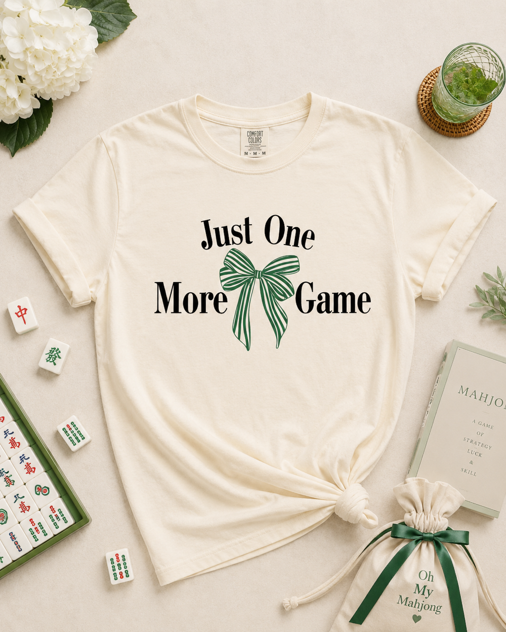 Just One More Game Mahjong Tee – Comfort Colors Bow Graphic Shirt