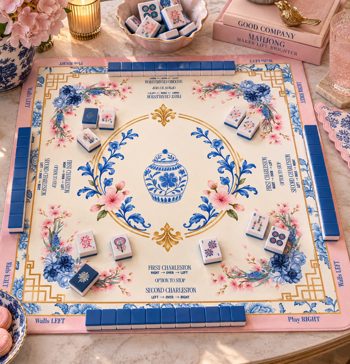Blossom & Blue Mahjong Mat  33"x33" (Ship Rolled up)