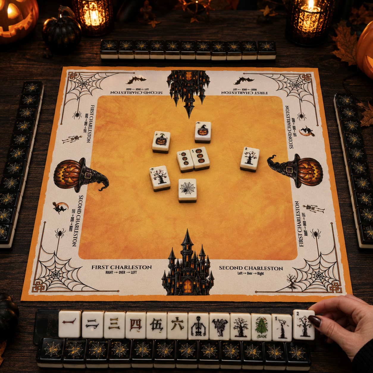 Witching Hour Mahjong Mat | 33" Halloween Mahjong Mat with Charleston Guide